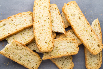 Garlic and herb bread slices. Eco food.