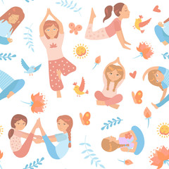 Seamless pattern with cute kids doing yoga exercises with floral elements, birds, lotus. Yoga kids set. Gymnastics for children and healthy lifestyle. Vector illustration.