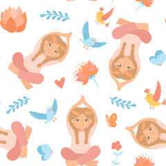 Seamless pattern with cute kids doing yoga exercises with floral elements, birds, lotus. Yoga kids set. Gymnastics for children and healthy lifestyle. Vector illustration.