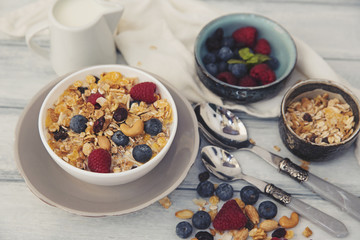 Bowl of healthy muesli with yogurt and fresh berries