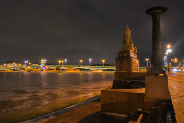 Fototapeta na wymiar Egyptian Sphinx on the background of the bridge across the river Neva