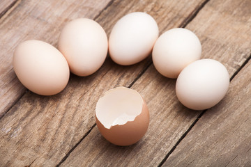 The eggs on a wooden table.