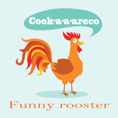 Cute cock. Rooster screaming. Festive, drawn, illustration for poster prints on clothes. Christmas and New Year background.