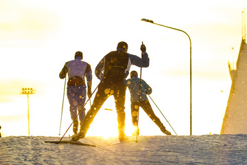 Training skating ski. Silhouettes of skiers. Athletes train in skating speed.