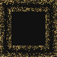 Gold confetti. Square scattered frame on black background. Vector illustration.