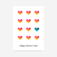 Minimalistic clean Saint Valentine's Day vector poster background with cute pixel hearts