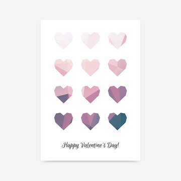 Minimalistic tender Saint Valentine's Day vector poster background with polygonal hearts