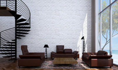 the Living room design and white brick wall