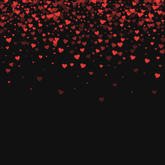 Fototapeta na wymiar Red hearts confetti. Scatter top gradient on black valentine background. Vector illustration.