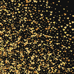 Gold gradient hearts confetti. Abstract mess on black valentine background. Vector illustration.
