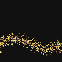 Gold gradient hearts confetti. Bottom wave on black valentine background. Vector illustration.