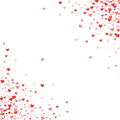 Fototapeta na wymiar Red hearts confetti. Scatter cornered border on white valentine background. Vector illustration.