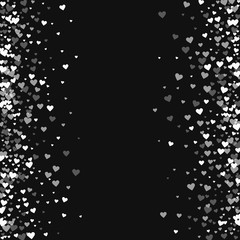 White hearts confetti. Scattered frame on black valentine background. Vector illustration.