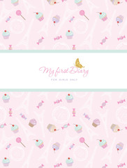 Notebook cover design on the theme of Paris. Teenage girl diary. Included seamless pattern with Eiffel tower, cupcakes and sweets pastel pink. Vector illustration.