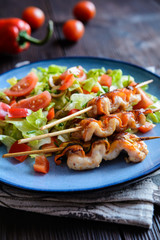 Chicken skewers with zucchini slices and vegetable salad
