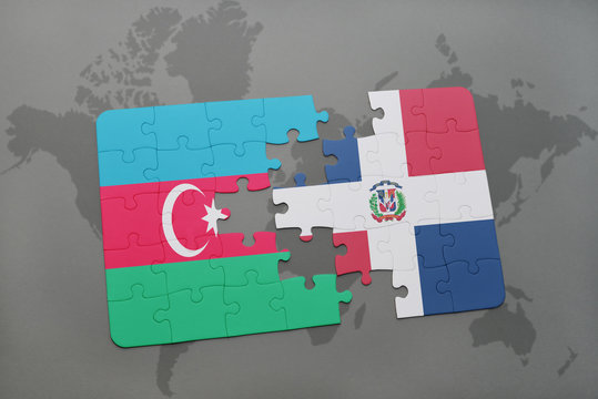 puzzle with the national flag of azerbaijan and dominican republic on a world map