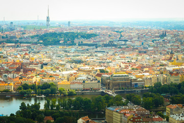 Obraz premium Beautiful View On Prague In Czech Republic With Flowing River Vltava And With Zizkov Television Tower In Background