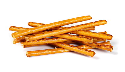 salty cracker pretzel sticks isolated on white background