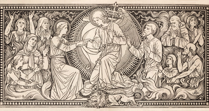 BRATISLAVA, SLOVAKIA, NOVEMBER - 21, 2016: The lithography of Last Judgmet in Missale Romanum by unknown artist with the initials F.M.S from end of 19. cent. and printed by Typis Friderici Pustet.