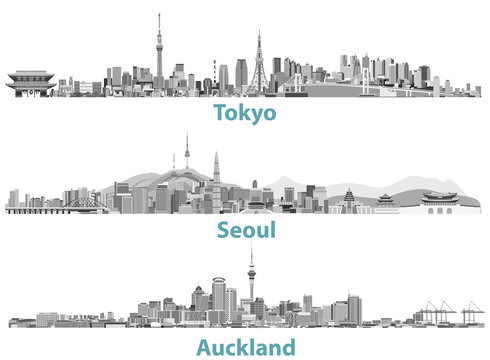 Tokyo, Seoul, Sydney and Auckland skylines in black and white color palette vector illustrations
