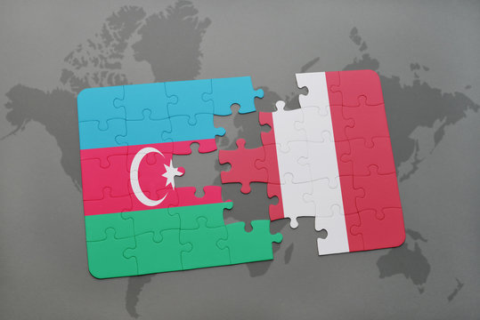 puzzle with the national flag of azerbaijan and peru on a world map