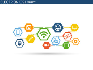 Electronics mechanism. Abstract background with connected gears and integrated flat icons. Connected symbols for monitor, phone. Vector interactive illustration