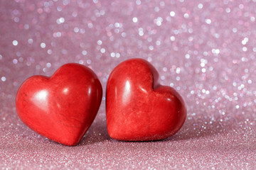 Fototapeta premium Valentine's day red hearts on a beautiful bokeh background. 
