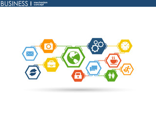 Business mechanism concept. Abstract background with connected gears and icons for strategy, service, analytics, research, seo, digital marketing, communicate concepts. Vector infographic illustration