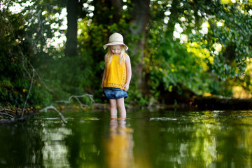 Fototapeta na wymiar Cute little girl having fun by a river on sunny summer day