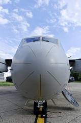 Front of a big military transport aircraft