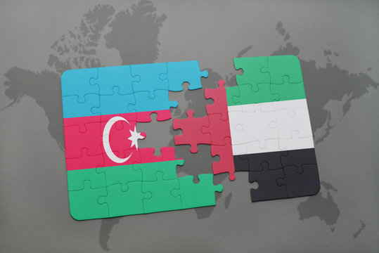 puzzle with the national flag of azerbaijan and united arab emirates on a world map