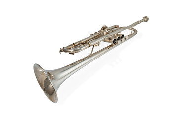 Wind Instrument - laying brass trumpet isolated on white background