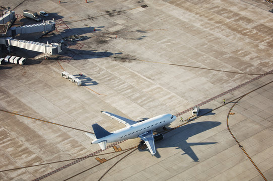 High angle view of airplane on runway