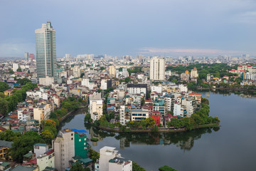 Aerial view of Hanoi skyline at West Lake. Hanoi cityscape at twilight