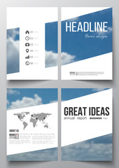 Set of business templates for brochure, magazine, flyer, booklet or annual report. Beautiful blue sky, abstract background with white clouds, leaflet cover, layout, vector illustration.