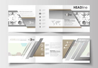 Set of business templates for tri-fold brochures. Square design. Leaflet cover, flat layout, easy editable blank. Abstract gray color background, modern stylish hexagonal vector texture.