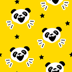 Seamless pattern with funny panda and stars. Vector background.