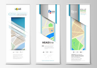 Set of roll up banner stands, geometric style, modern business concept, corporate vertical flyers, flag layouts. City map with streets. Flat design template for tourism businesses, abstract vector.