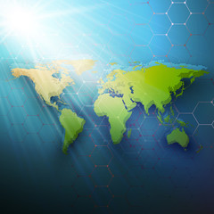 Green dotted world map, connecting lines and dots on dark color background. Chemistry pattern, hexagonal molecule structure, medical research. Medicine, technology concept. Abstract design vector.