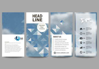 Flyers set, modern banners. Business templates. Cover template, flat style layouts. Blue color pattern with rhombuses, abstract design geometrical vector background. Simple texture.