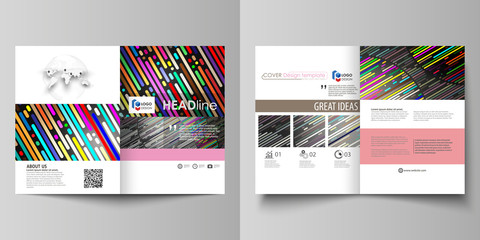 Business templates for bi fold brochure, flyer, booklet. Cover design template, vector layout in A4 size. Colorful background made of stripes. Abstract tubes and dots. Glowing multicolored texture.