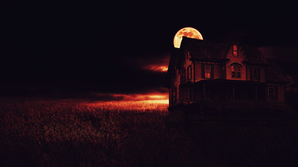 Horror halloween haunted house in creepy dark night with moon.	 - 133963333