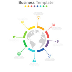 Infographics timeline template with realistic colorful circles for 6 steps and icons. Can be used for workflow layout, diagram, number options, step up options, web design, infographics, presentations