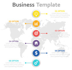 Obraz premium Infographics timeline template with realistic colorful circles for 6 steps and icons. Can be used for workflow layout, diagram, number options, step up options, web design, infographics, presentations