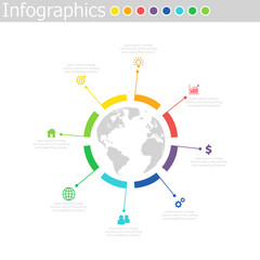 Infographics timeline template with realistic colorful circles for 6 steps and icons. Can be used for workflow layout, diagram, number options, step up options, web design, infographics, presentations