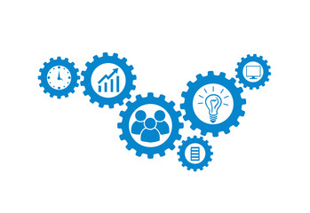 Business mechanism concept. Abstract background with connected gears and icons for strategy, research, concepts. Vector