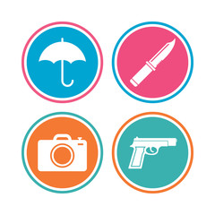 Gun weapon. Knife, umbrella and photo camera.