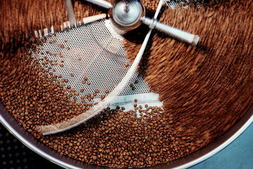 Overhead view of coffee beans in roaster