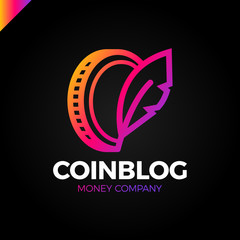 Coin symbol with feather sing. Money blog writer logo