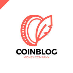 Coin symbol with feather sing. Money blog writer logo